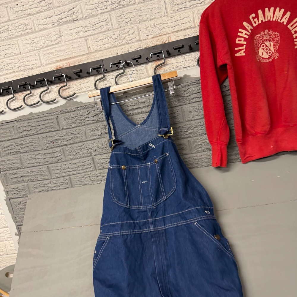 Vintage Roebucks Denim‎ Overalls Dark Wash Blue Made in USA Carpenter Bib Mens L